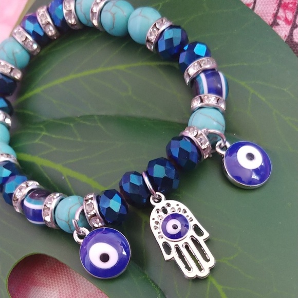 Silver Blue Stone Hamsa Hand Evil Eye Bracelet - Picture 2 of 3